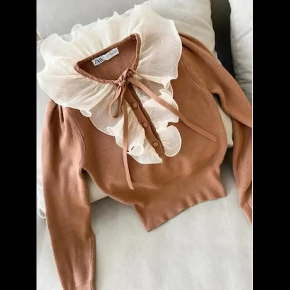 ZARA Knit Top with Ruffle Tie NWT | Brown Long Sleeve Contrast Collar M